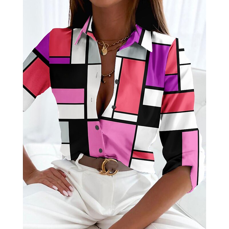 Women's Shirt Long Sleeve Button Down Blouse Basic Color Block Buttons Print Regular Tops Shirt Collar Casual Holiday Yellow Red Blue Spring Fall3