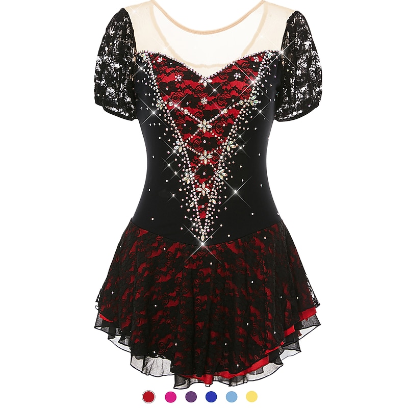 Figure Skating Dress Women's Girls' Ice Skating Dress Outfits Yellow & Yellow Black Dark Purple Open Back Spandex Stretch Yarn High Elasticity Training Competition Skating Wear Handmade Solid Colored - Main Image