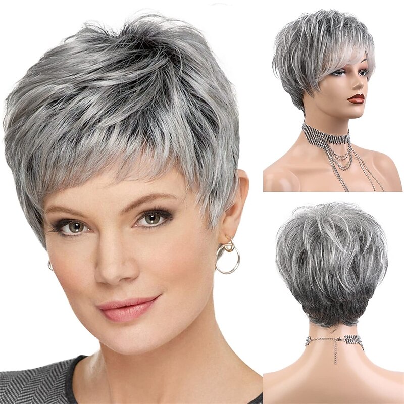 Wig for Women Synthetic Short Wig with Bangs Mixed Gray Hair High Temperature Fiber Heat Resistant Hair Daily Use Wigs