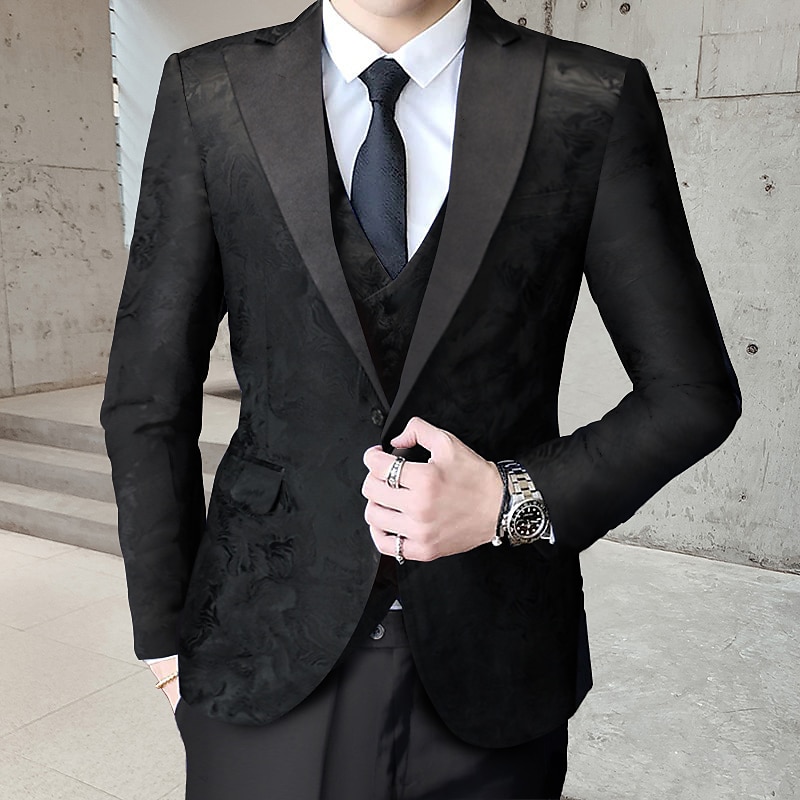 Men's Wedding Party Tuxedos Black Red Printing Standard Fit 3 Piece Single Breasted One-button2