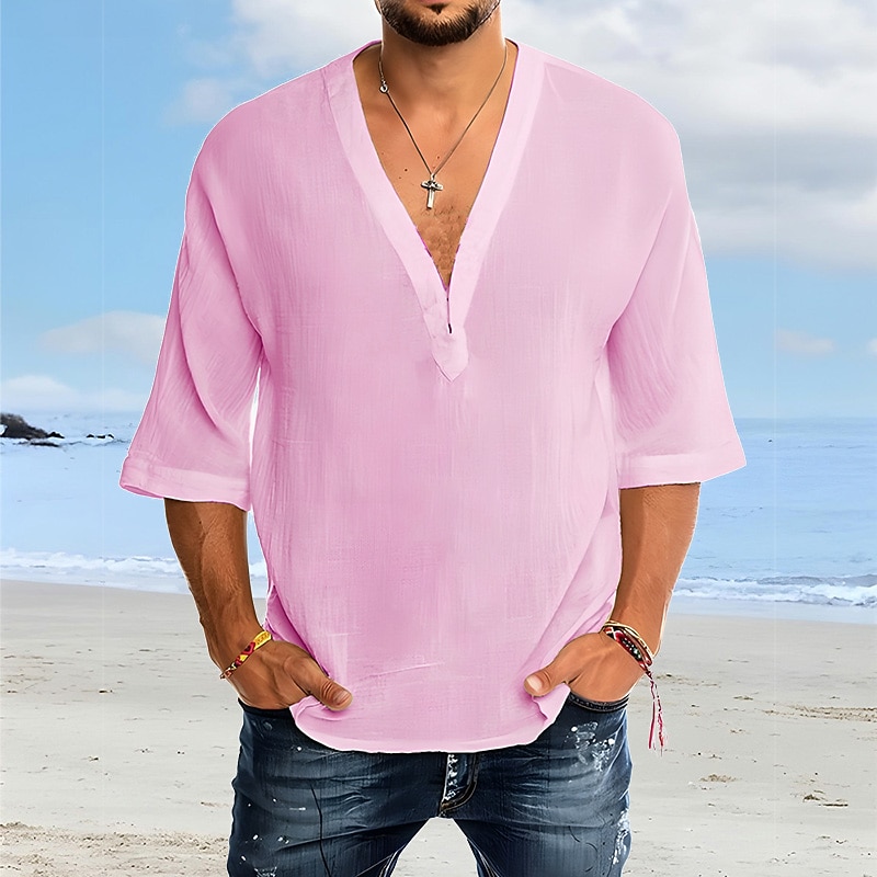 Men's Shirt Cotton Linen Shirt White Cotton Shirt Summer Shirt Casual Shirt Beach Shirt Plain Vacation Casual White Pink Blue Short Sleeve V Neck Spring & Summer Clothing Apparel3