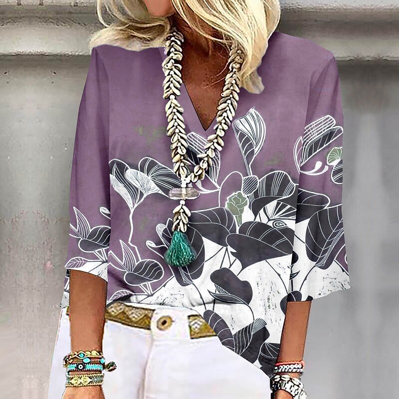 Women's Shirt Button Down Blouse Basic Print 3/4 Length Sleeve Regular Tops Shirt Button Down Blouse Collar Casual Holiday Pink Blue Green Khaki3