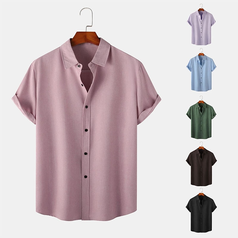 Men's Shirt Summer Shirt Casual Shirt Button Up Shirt Black Pink Blue Dark Green Purple Short Sleeve Plain Turndown Vacation Daily Clothing Apparel Fashion Casual Comfortable