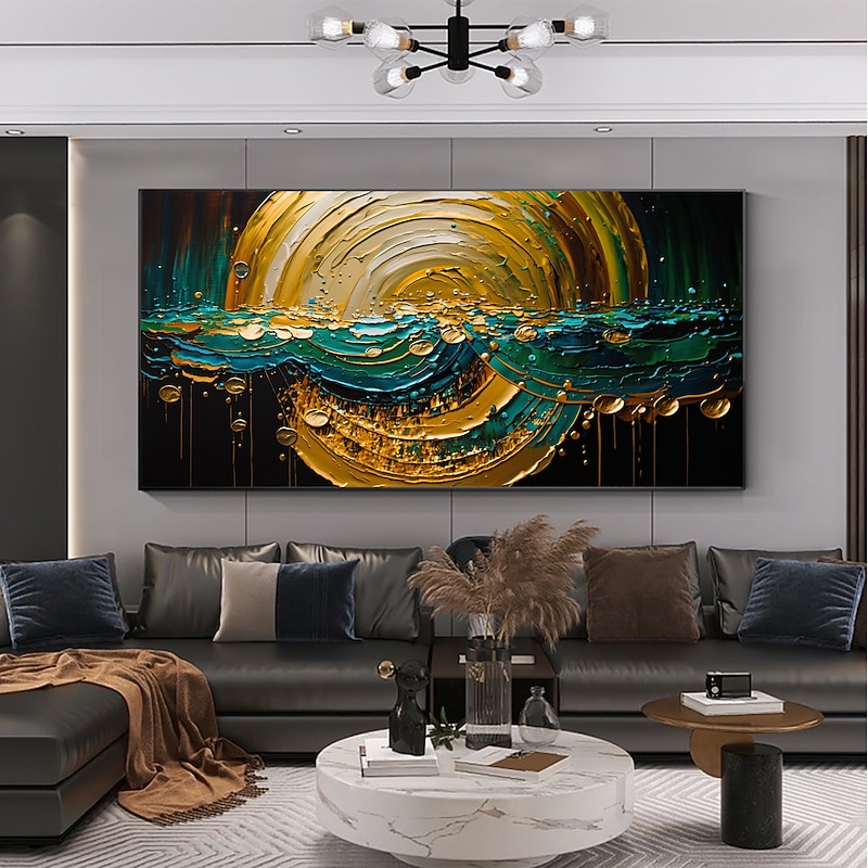 Handmade Oil Painting Canvas Wall Art Decor Original Gold Circle Abstract Graffiti Painting for Home Decor With Stretched Frame/Without Inner Frame Painting - Main Image