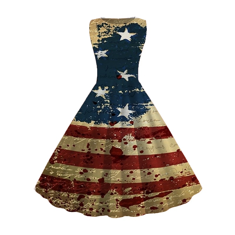 Women's Retro 1950s Vintage Tea Dresses Midi Dress Daily Date Ruched Print American Flag Crew Neck Sleeveless Slim Summer Spring 2023 Black White S M L XL4