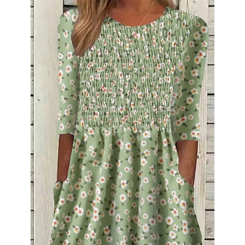Women's Midi Dress Floral Ditsy Ruched Pocket Crew Neck Daily Vacation Half Sleeve Summer Spring2