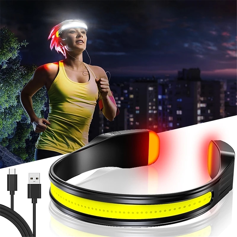 Rechargeable LED Headlamp with 230° Wide Beam Lightweight Head Light and Red Tail Light to Wear with 3 Lighting Modes Head Flashlight for Adults Running Hiking Outdoors-Grey