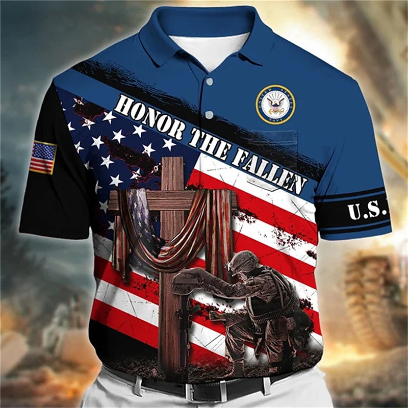 Men's American Flag Veterans Polo Shirts Golf Shirt Short Sleeve Polo Shirts Collared Shirts Casual Streetwear Vacation Wear Party Outfits Buttons 3D Print Wine Red Navy Blue3
