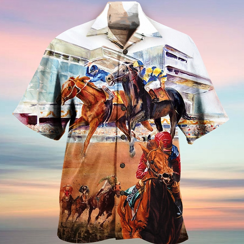 Kentucky Derby Men's Horse American Flag Horse Racing Shirt Summer Hawaiian Shirt Button Up Shirt Short Sleeve Sports Fashion Streetwear Outdoor Casual Hawaiian Summer Spring Cuban Collar Print Funny