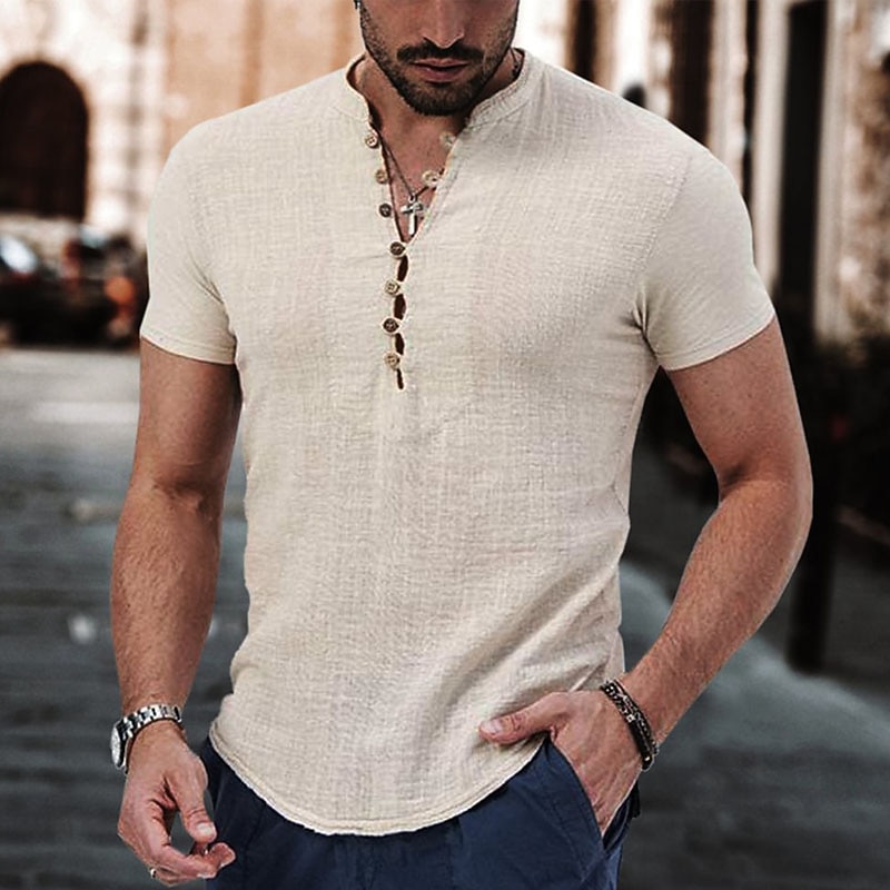 Men's Linen Shirt Band Collar Shirt Popover Shirt Summer Shirt Beach Wear Casual Shirt Plain Vacation Casual Black White Pink Wine Short Sleeve V Neck Summer Clothing Apparel