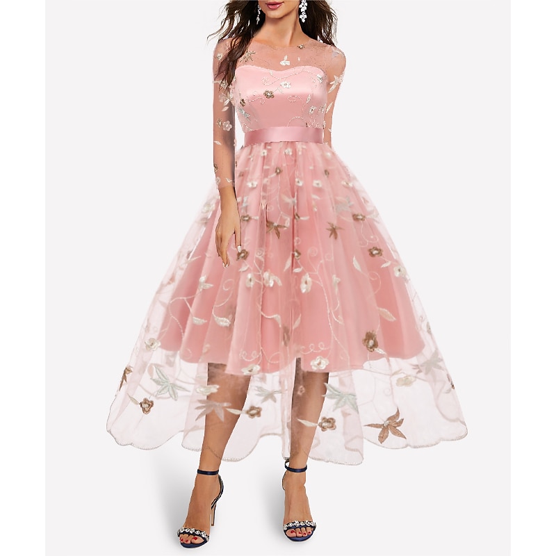 A-Line Cocktail Dresses Beach Wedding Floral Dress Wedding Guest Homecoming Dress Knee Length Half Sleeve Jewel Neck Tulle with Embroidery Appliques  dress to impress4