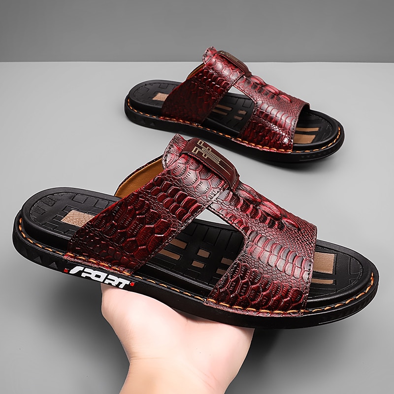 Men's Burgundy Crocodile-Pattern Slide Sandals – Luxury Leather Open-Toe Slippers with Non-Slip Sole for Casual and Summer Wear4