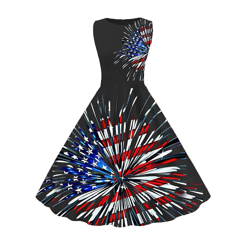 Women's Retro 1950s Vintage Tea Dresses Midi Dress Daily Date Ruched Print American Flag Crew Neck Sleeveless Slim Summer Spring 2023 Black White S M L XL3