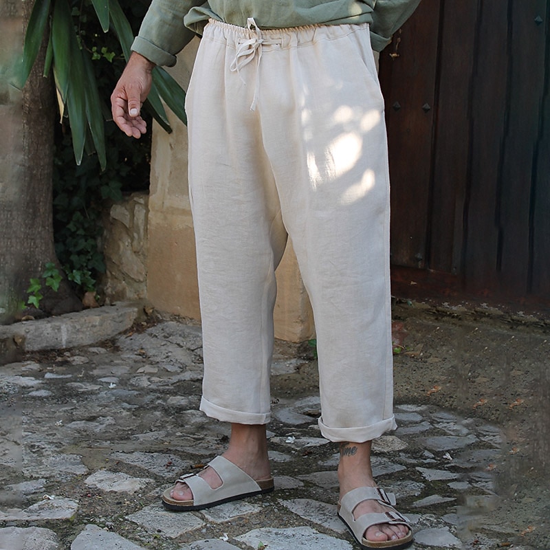Men's Linen Pants Trousers Summer Pants Drawstring Elastic Waist Plain Comfort Breathable Casual Daily Holiday Fashion Classic Style Black White2