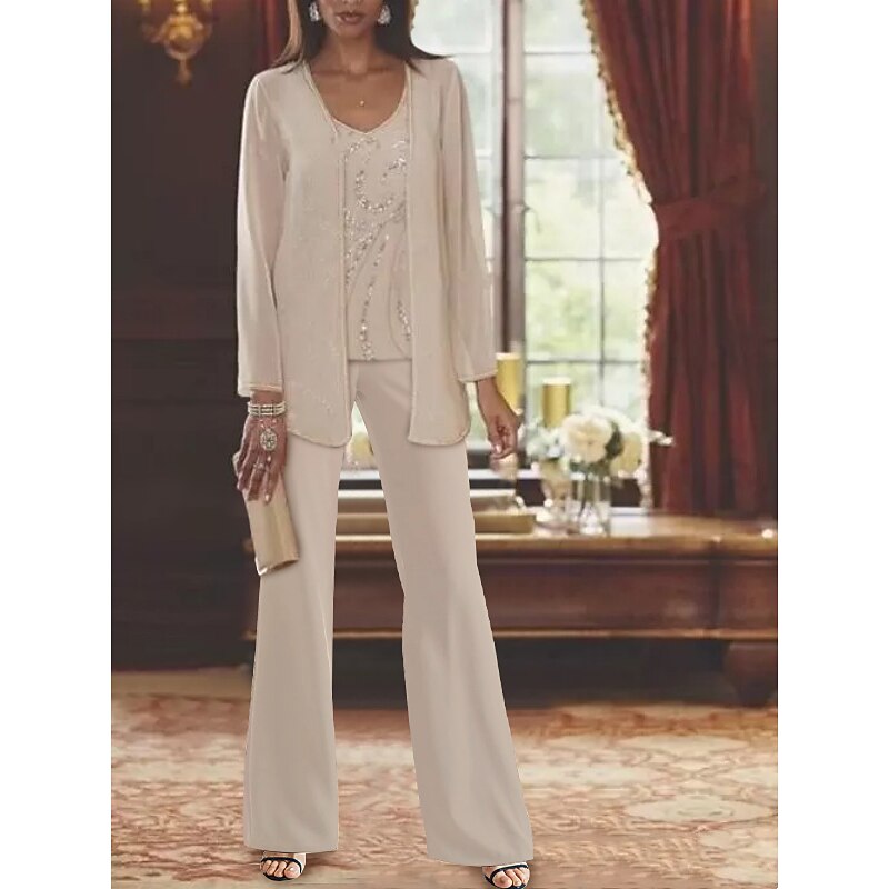 Beach Wedding Pantsuit 3 Piece Mother of the Bride  Formal Wedding Guest Elegant Luxurious V Neck Floor Length Chiffon Lace Sleeveless Wrap Included with Beading Sequin3