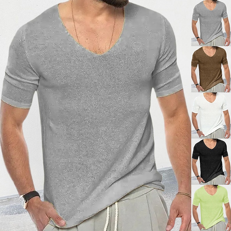 Men's T Shirt Knit Tee Tee Top Short Sleeves V Neck Summer Plain Fashion Designer Basic Knitted Vacation Street Going out Black White Brown Top Tee for Men