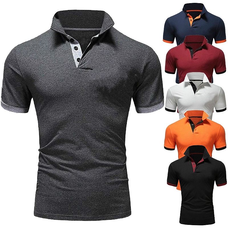 Men's Polo Shirt Golf Shirt Street Casual Polo Collar Classic Short Sleeve Fashion Designer Color Block Patchwork Button Front Spring & Summer Regular Fit Lake blue Black White Yellow Pink Blue Polo