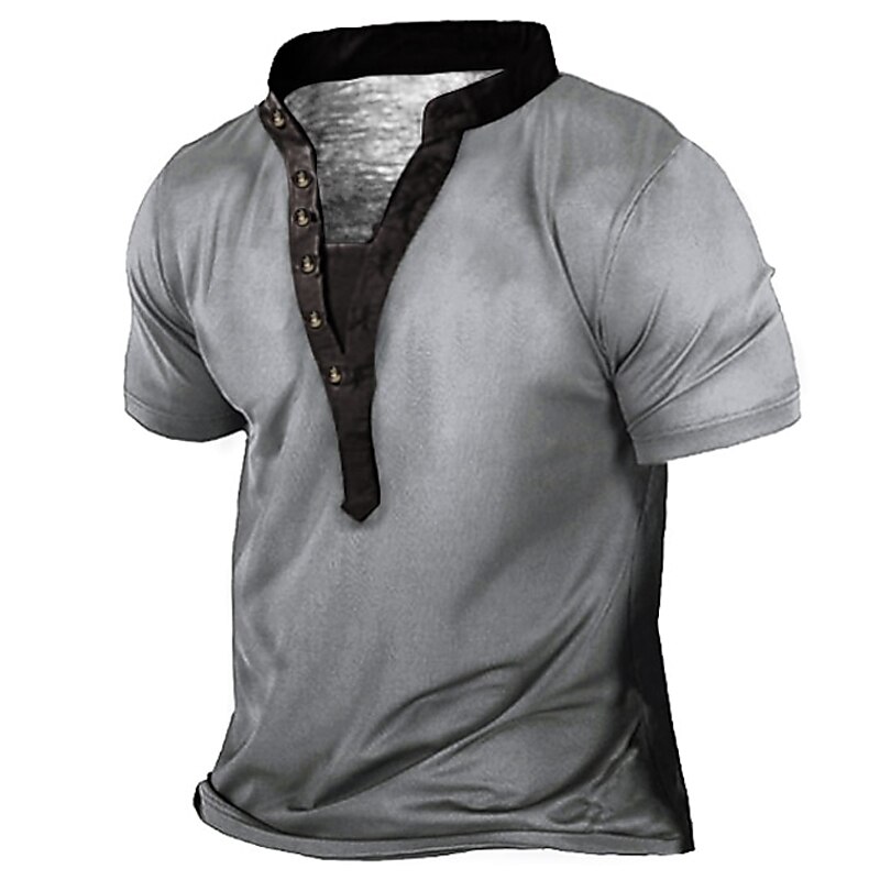 Men's Plus Size Big Tall T shirt Tee Tee Stand Collar Blue Green Gray Short Sleeves Outdoor Going out Button-Down Plain Clothing Apparel Cotton Blend Streetwear Stylish Casual3