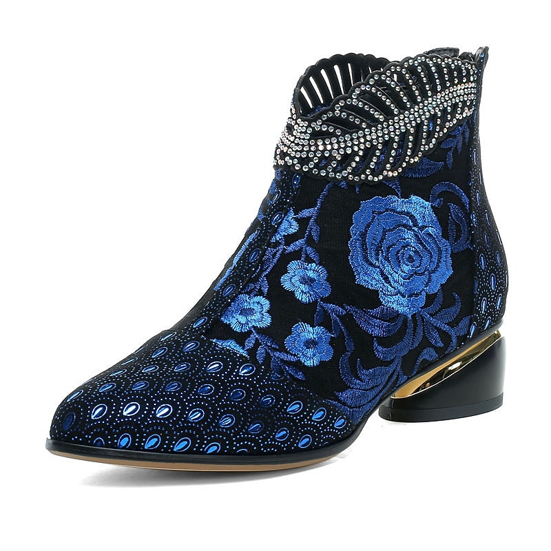 Women's Rhinestone Embellished Floral Jacquard Ankle Boots - Elegant Blue Velvet Heels for Evening Events3