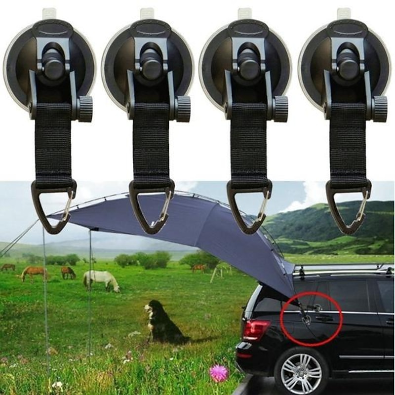 4Pcs Suction Cup Anchor Hooks - Secure Tie Down for Camping Tarps, Car Side Awning, Pool & Tent Tarp Universal Fit