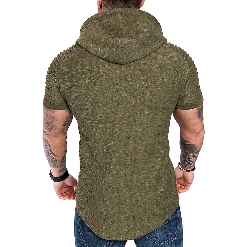 Men's T Shirt Tee Top Short Sleeves Hooded Summer Plain Slim Pleated Fashion Sport Basic Vacation Street Going out Black White Navy Blue Top Tee for Men3
