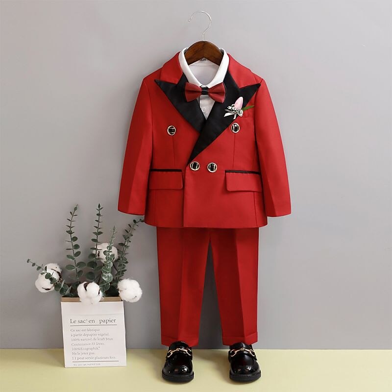 2 Pieces 5 Roots Ring Bearer Suit Boys Kids Suit Formal Suit Suit & Blazer Shirt & Pants Outdoor Casual Fashion Cool Solid Color Black White Red Cotton3