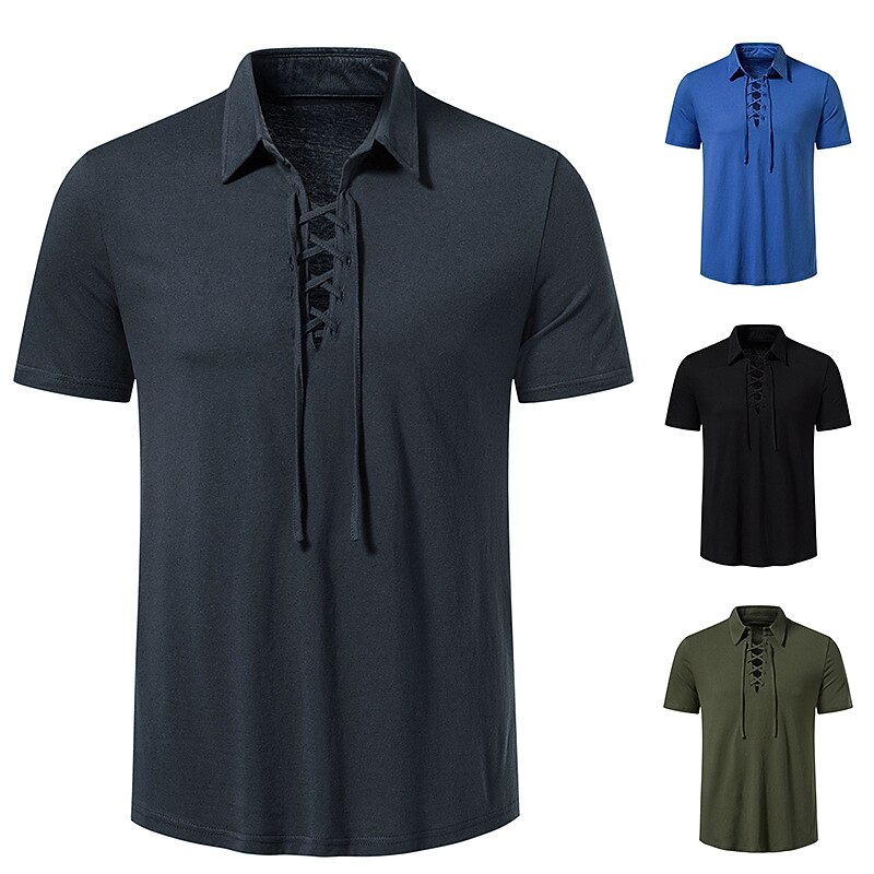 Men's Medieval Viking Polo Shirt T-shirt Traditional Retro Style Lace up Short Sleeve Shirts Hippie Matching3