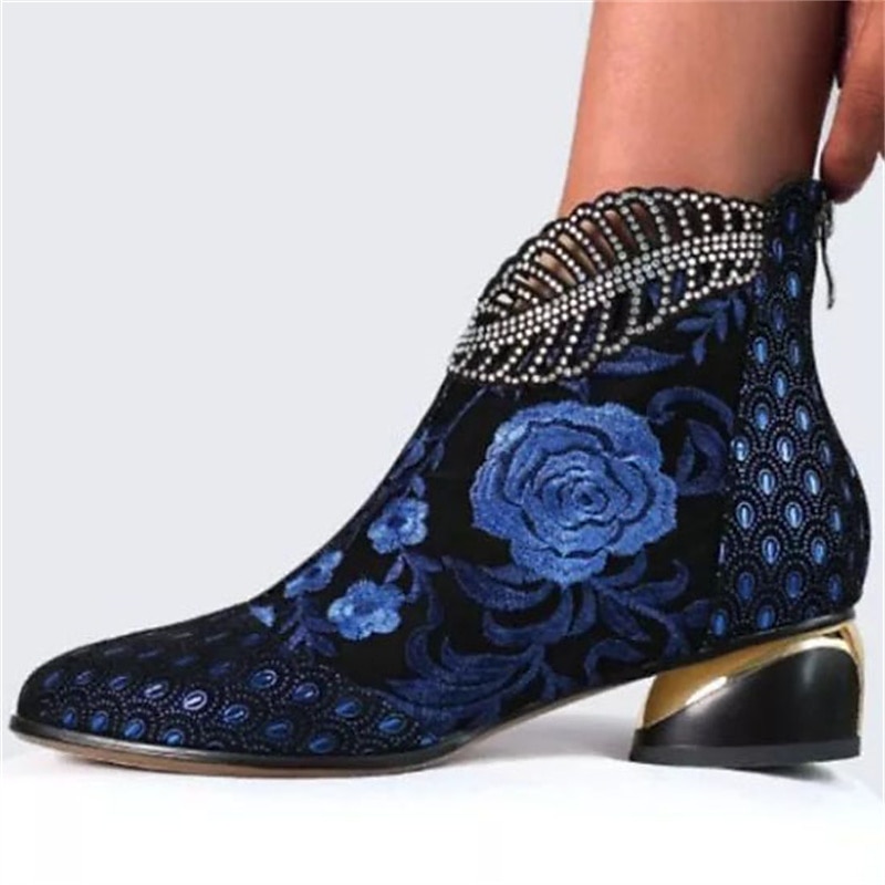 Women's Rhinestone Embellished Floral Jacquard Ankle Boots - Elegant Blue Velvet Heels for Evening Events2