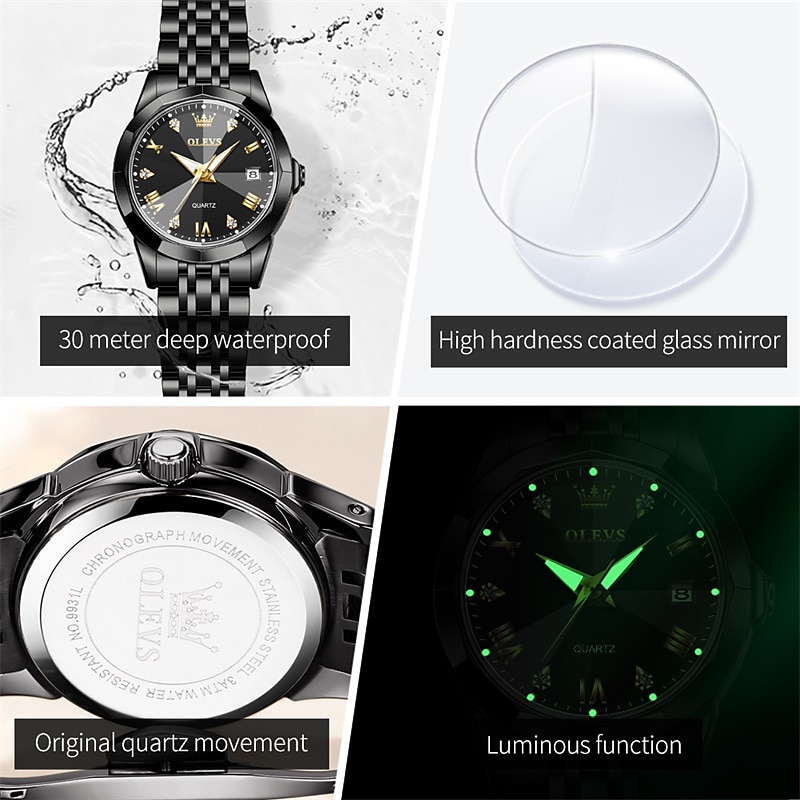 Olevs Women Quartz Watch Luxury Business Diamond Dress Analog Ladies Wristwatches Luminous Calendar Fashion Waterproof Stainless Steel Watch Female Clock2