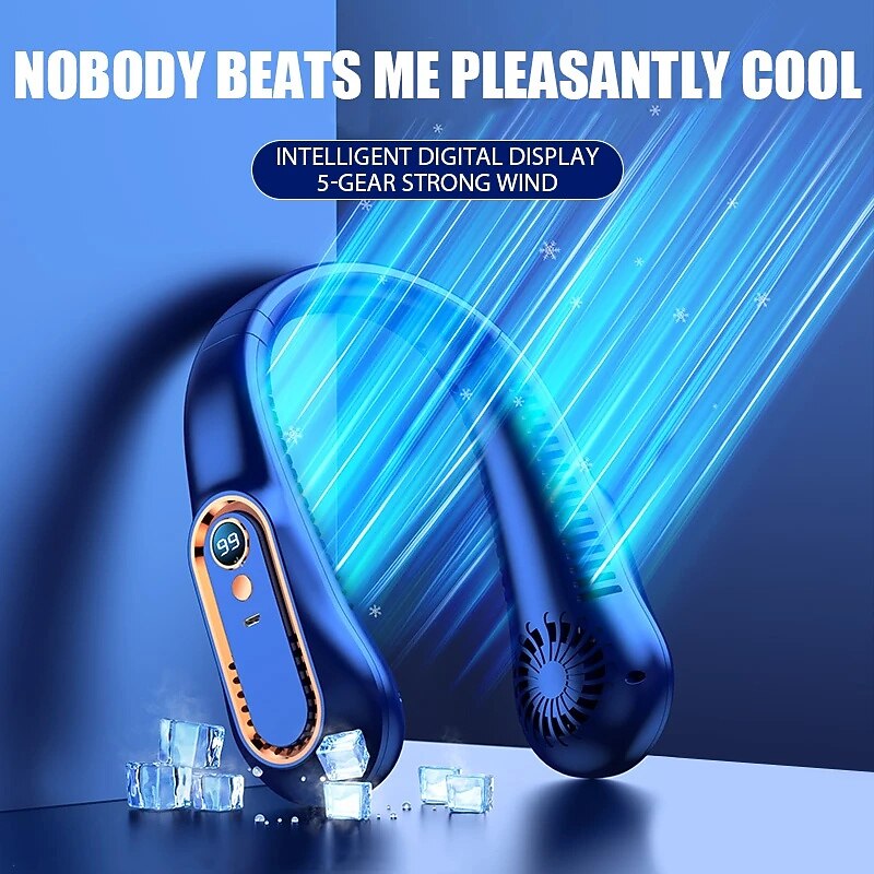 Bladeless Neckband Air Cooler – USB Rechargeable Hanging Fan with Digital Display for Portable Summer Cooling3