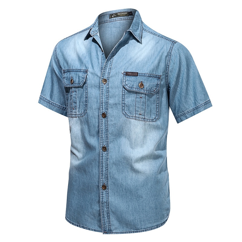 Men's Shirt Chambray Shirt Summer Shirt Jeans Shirt Button Up Shirt Denim Shirt Dark Gray Light Blue Short Sleeve Plain Turndown Casual Daily Button-Down Clothing Apparel Fashion Streetwear Classic - Main Image