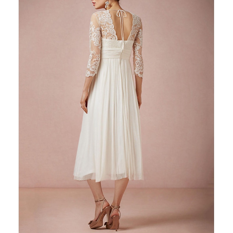 Beach Wedding Bridal Shower Little White Dress Bridal Shower Dresses Wedding Dresses A-Line V Neck 3/4 Length Sleeve Tea Length Chiffon Bridal Gowns With Appliques Solid Color2