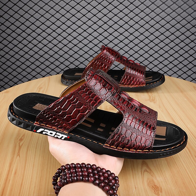 Men's Burgundy Crocodile-Pattern Slide Sandals – Luxury Leather Open-Toe Slippers with Non-Slip Sole for Casual and Summer Wear2