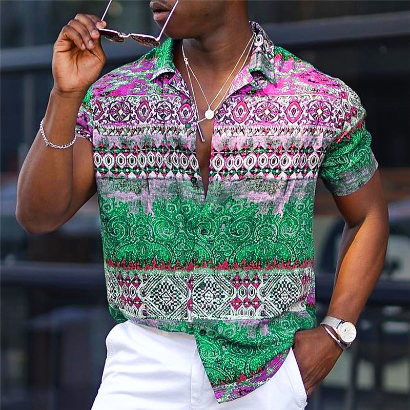 Men's Floral Tribal Vintage Shirt Button Up Shirt Vintage Hawaiian Shirts Short Sleeve Sports Fashion Streetwear Outdoor Casual Holiday Summer Spring Cuban Collar Print Lake blue Yellow Light Green3