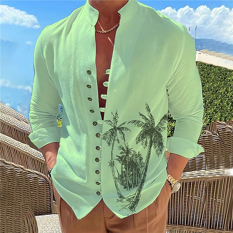 Men's Coconut Tree Tropical Plants Shirt Summer Hawaiian Shirt Aloha Shirt Long Sleeve Shirt Stand Collar Fashion Designer Casual Outdoor Vacation Street White Blue Green S M L4