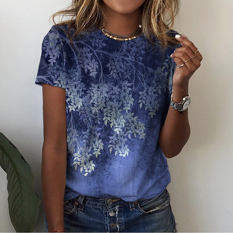 Women's T Shirt Basic Floral Print Short Sleeve Regular Tops Round Neck Holiday Weekend Yellow Pink Blue Green2