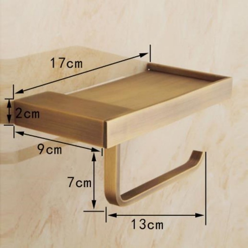 Toilet Paper Holder, Antique Style Bathroom Tissue Holder, Brass, Wall Mounted Bathroom Roll Paper Holder with Mobile Phone Storage Shelf, for Kitchen Bathroom, Tissue Roll Hanger2