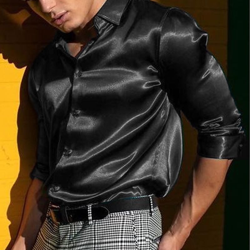 Men's Shirt Satin Shirt Casual Shirt Button Up Shirt Plain Wedding Vacation Light Blue Black White Blue Long Sleeve Lapel Spring & Summer Clothing Apparel2