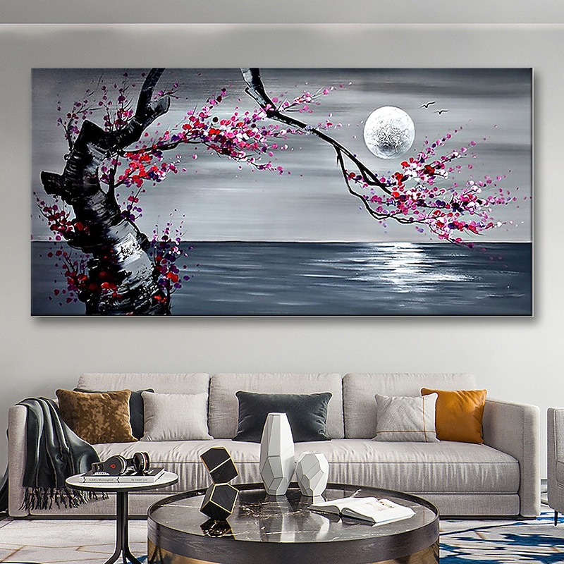 Landscape Oil Painting Hand Painted Wall Art Canvas Vintage Plum Blossom Moon Landscape Floral / Botanical Modern Rolled Canvas (No Frame)