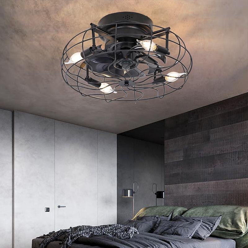 Caged Ceiling Fan with Light Remote Control Low Profile Flush Mount Fandelier Black Small Bladeless Ceilling Fan for Living Room Bedroom Kitchen