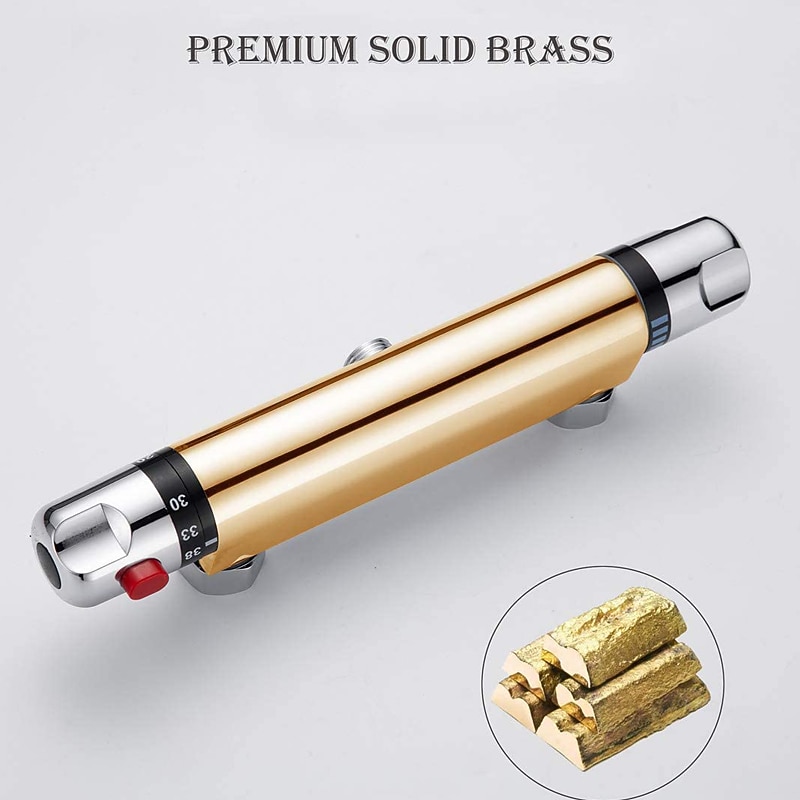 Thermostatic Shower Mixer Bar Wall Mounted Chrome, Shower Mixer Tap with 38℃ Anti Scald Safty Button, Outlet G1/2 Round Mixer Bar Wall Mount4