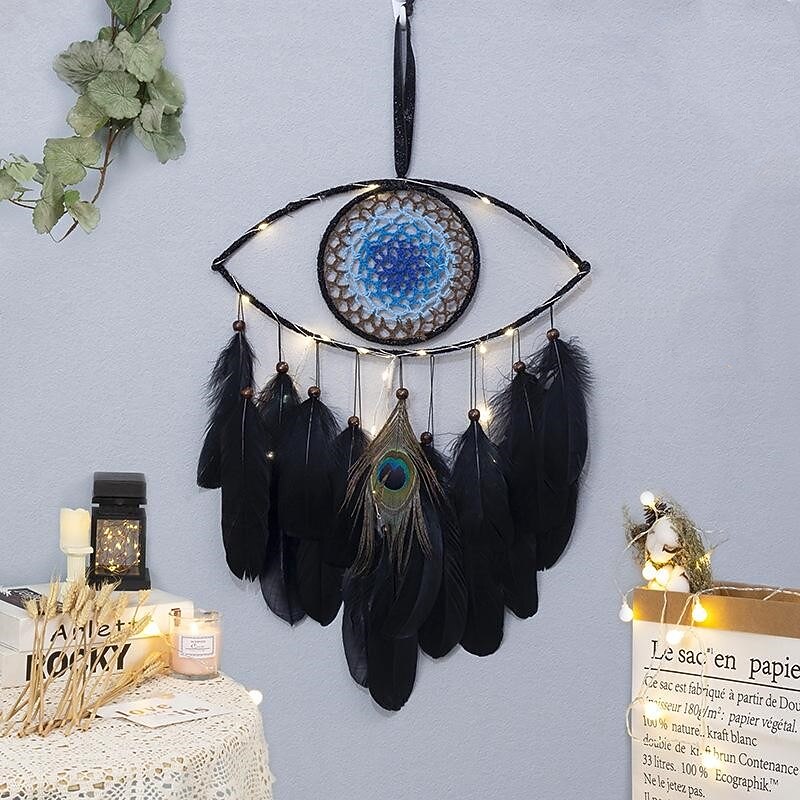 Devil's Eyes Dream Catcher Handmade Gift Black Feather Blue Eyes Hook Flower Wind Chime Ornament Wall Hanging Decor, 30x60cm/11.8''x23.6''4
