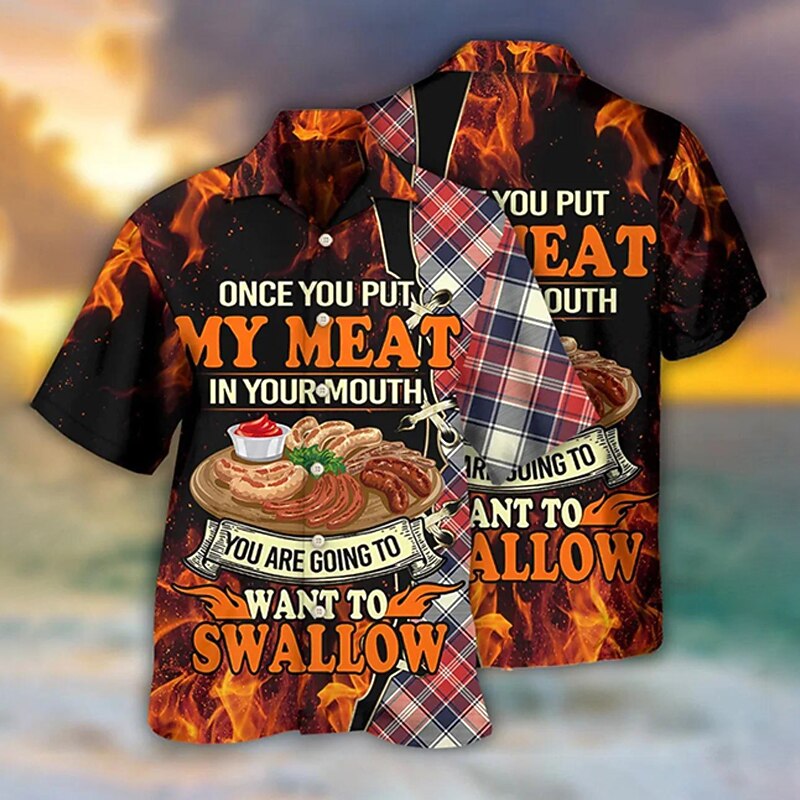 Men's Food Letter Shirt Button Up Shirt Short Sleeve Tropical Fashion Hawaiian Outdoor Daily Beach Summer Spring Turndown Print Button-Down Black Black / Green Yellow Light Green Black / Red2