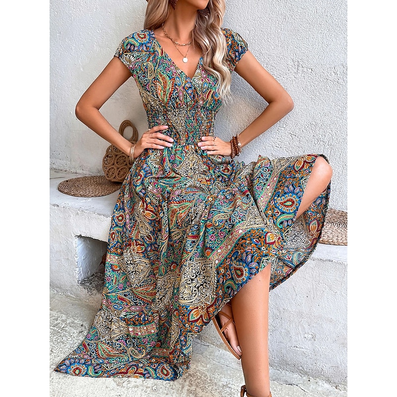 Women's Maxi long Dress Casual Dress Swing Dress Summer Dress Boho Dress Bohemia Fashion Casual Outdoor Vacation Daily Loose Fit Floral Paisley Tribal Short Sleeve V Neck ArmyGreen Red Orange Green2