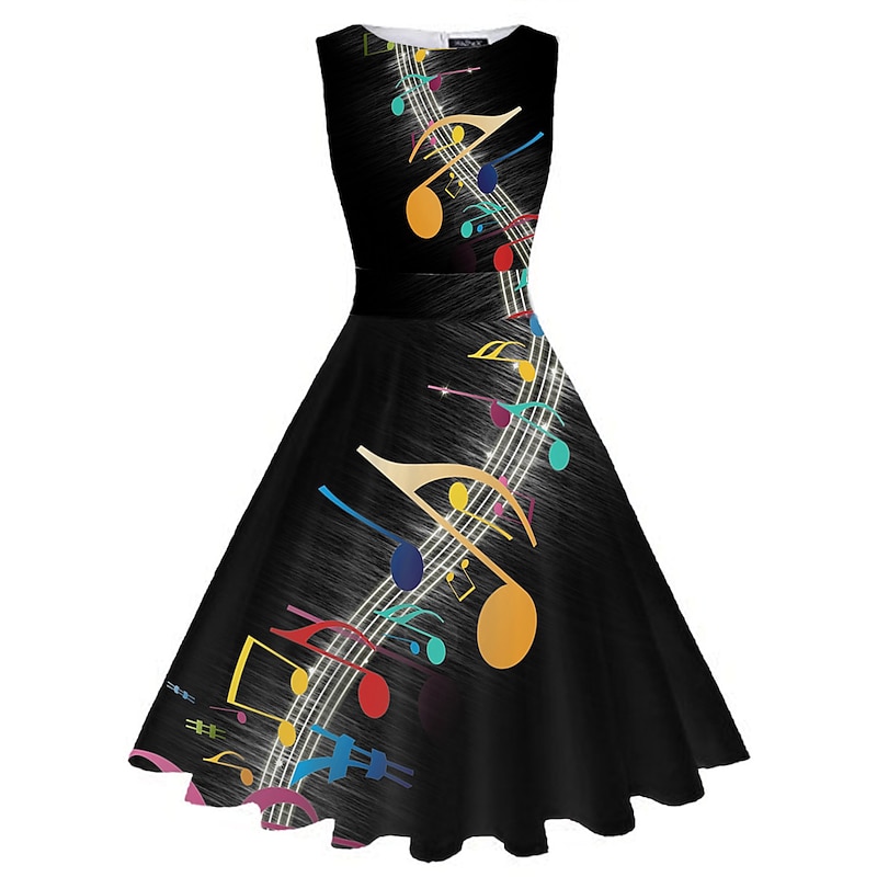 Women's Retro 1950s Vintage Tea Dresses Midi Dress Daily Date Ruched Print Note Crew Neck Sleeveless Slim Summer Spring 2023 Black White S M L XL2