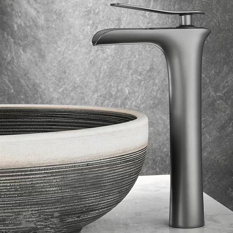 Waterfall Bathroom Sink Mixer Faucet Tall, Mono Wash Basin Single Handle Basin Taps Washroom with Hot and Cold Hose Monobloc Vessel Water Brass Tap Deck Mounted Grey Black Golden2