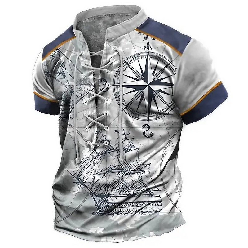 Men's T Shirt Graphic Anchor Compass Stand Collar Clothing Apparel 3D Print Daily Sports Going out Short Sleeve Lace up Print Polyester Vintage Fashion Designer