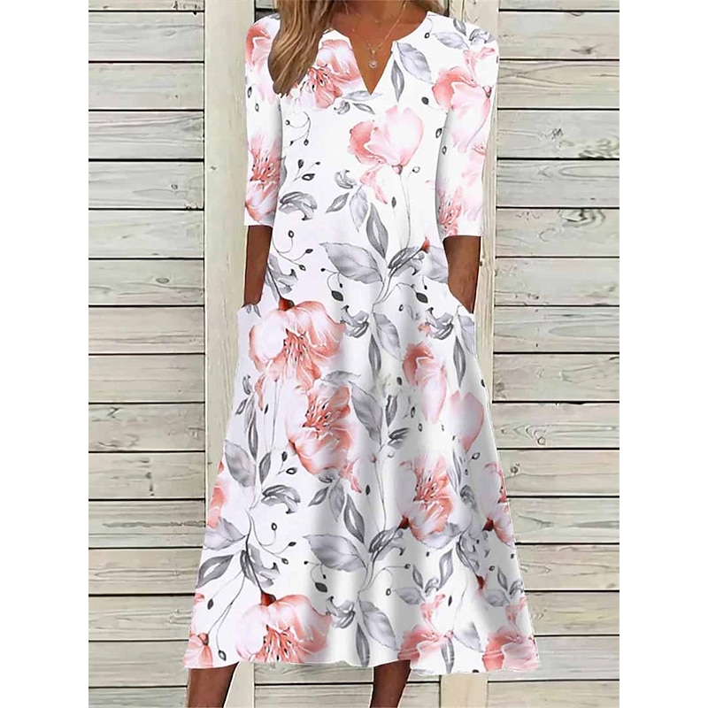 Women's Midi Dress Floral Ruched Pocket V Neck Daily Vacation 3/4 Length Sleeve Summer Spring