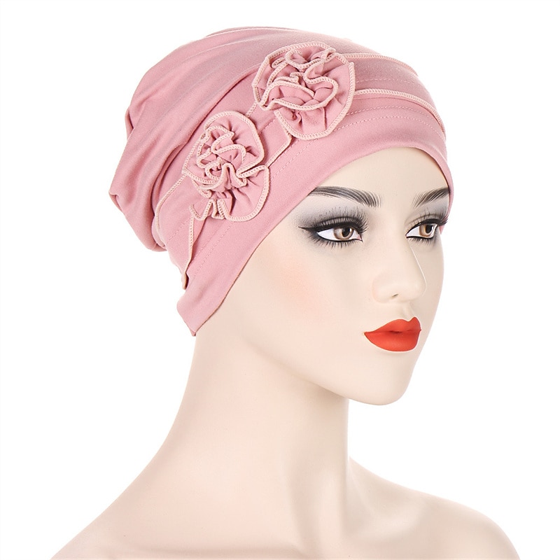 1pcs Beanie Hat Headwear Turban Covers Two Flower Head Wraps Turban Hat Classic Vintage Women Solid Color Soft Headgear