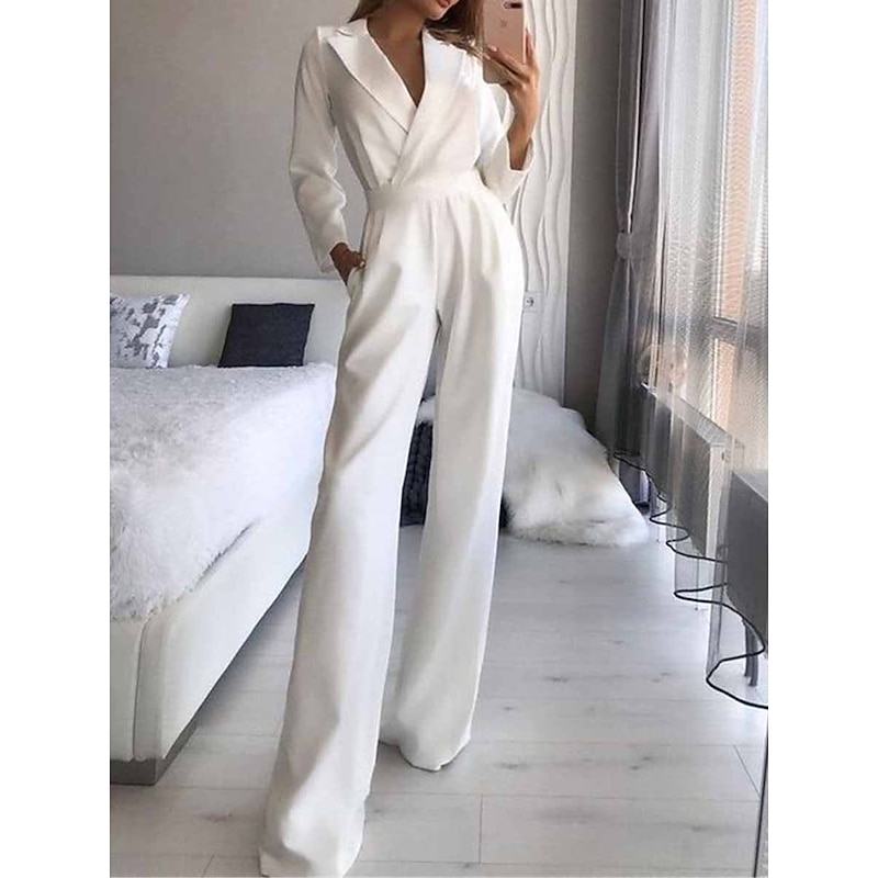 Women's Jumpsuit for Special Occasions Pocket High Waist Solid Color V Neck Streetwear Office Work Regular Fit Long Sleeve Black White Wine S M L Summer